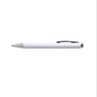 White ballpoint pen with a metal tip and black clip on a white background.