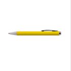 Yellow pen with a metal tip and clip, placed horizontally on a white background.