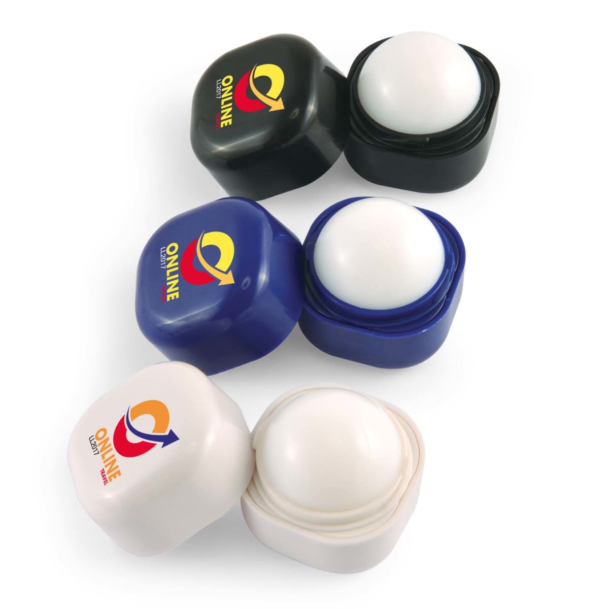 Three lip balm containers in black, blue, and white, open to reveal the balm inside.