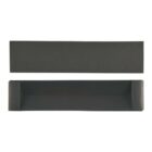 Open and closed views of a long, flat, black paper box on a white background.