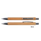 Two bamboo pens with silver accents, one showing clip side, the other tip side.