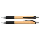 Two bamboo pens with black grips and clips, one is retracted, one is clicked.