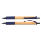 Two bamboo pens with blue grips and clips, shown from side and top views.
