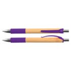 Two bamboo pens with purple grips and clips, one retracted, one extended.