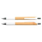 Two retractable bamboo pens with white grips and clips lying parallel.