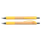 Two bamboo pens with yellow grips and clips, shown from the side and top views.