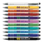 Nine colorful pens with INFINITY logo arranged in a stack.