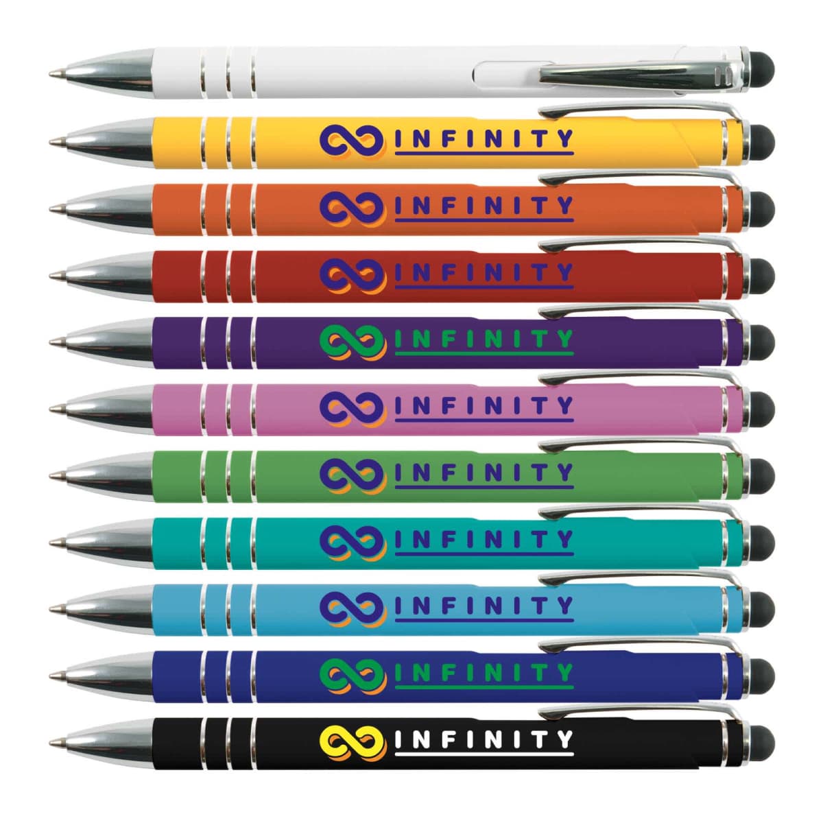 Nine colorful pens with INFINITY logo arranged in a stack.