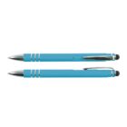 Two blue pens with silver accents, one with a clip, both lying side by side.