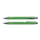 Two green ballpoint pens with chrome trim and clips, laid side by side.