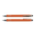 Two orange ballpoint pens with silver accents and clips, one with a stylus tip.