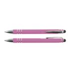 Two pink pens with silver accents and stylus ends, shown from side and top views.
