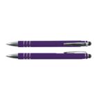 Two purple pens with silver accents, one with the nib out, the other retracted.