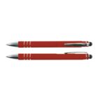Two red ballpoint pens with silver accents and clips, shown from side and top views.