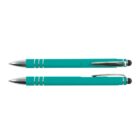 Two teal pens with silver accents, one with a stylus end, on a white background.