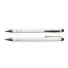 Two white ballpoint pens with silver clips and tips, resting horizontally on a white background.