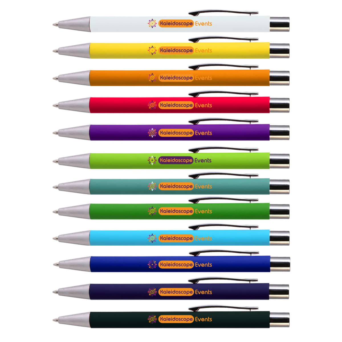 A set of 12 colorful pens arranged in a vertical row.
