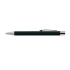 Black ballpoint pen with a silver tip and clip on a white background.
