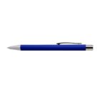 A blue ballpoint pen with a silver tip and clip, isolated on a white background.