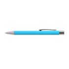 A blue ballpoint pen with a silver tip and black clip on a white background.