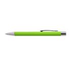 Green ballpoint pen with silver tip and black clip on a white background.