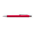 Red ballpoint pen with a silver tip and black clip on a white background.