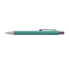 A teal retractable pen with a silver tip and black clip.