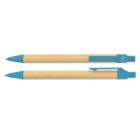 Two retractable pens with blue tips and clips, placed parallel on a white background.