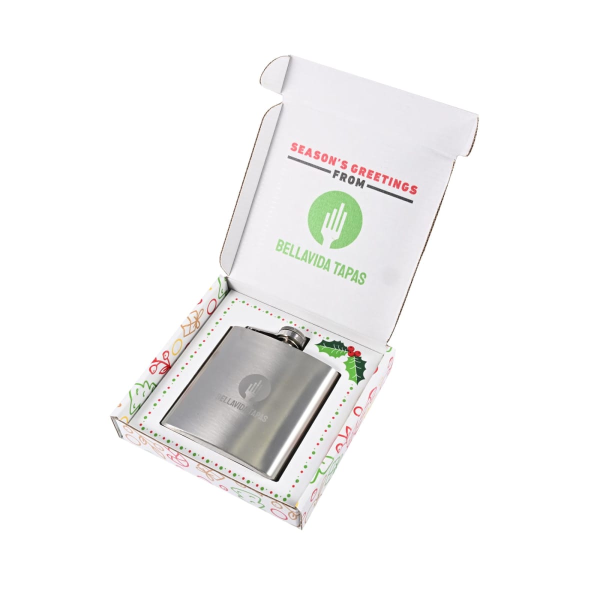 Flask in a festive box with Seasons Greetings from Bellavida Tapas printed inside.