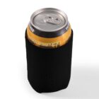 A can wrapped in a black neoprene sleeve on a white background.