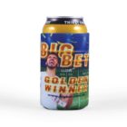 Beer can with a colorful sleeve reading BIG BET GOLDEN WINNER and cheering person image.