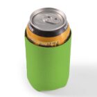A soda can in a bright green neoprene sleeve on a white background.