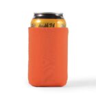 Orange neoprene sleeve covering a canned beverage.