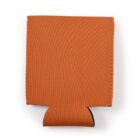 Orange neoprene can cooler, flat and unwrapped, with a curved bottom flap.