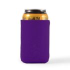 A beverage can in a purple sleeve on a white background.