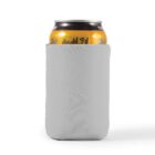 Soda can in a light gray cozy against a white background.