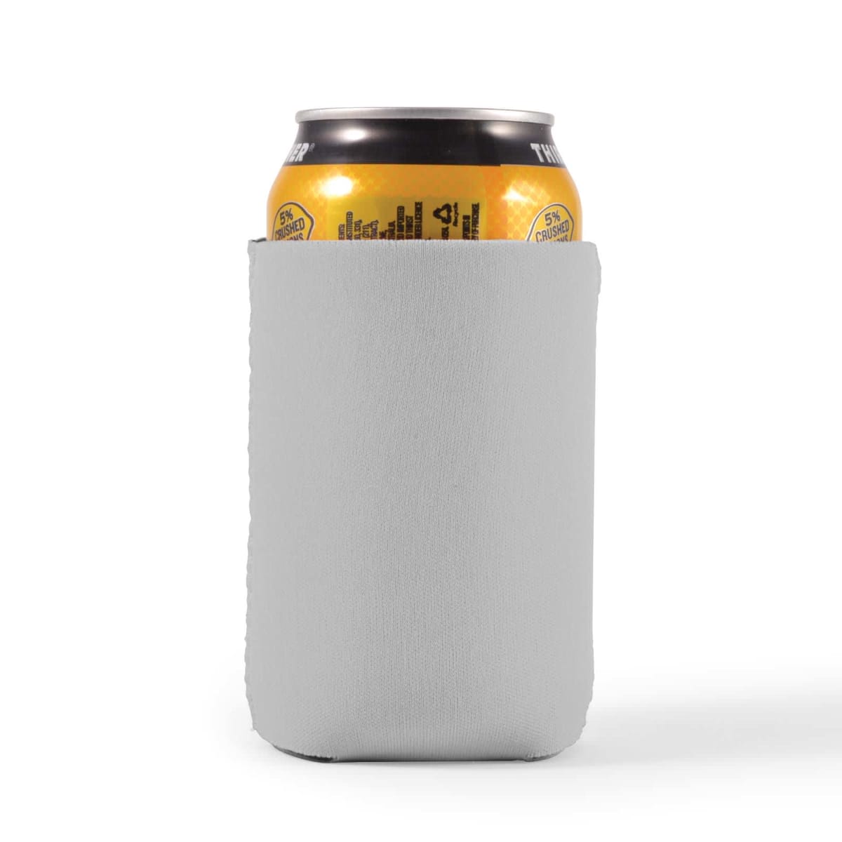 Soda can in a light gray cozy against a white background.