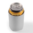 Beverage can in a gray koozie holder on a white background.