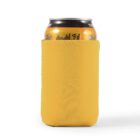 Yellow can cooler with a beverage can inside on a white background.