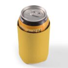 Yellow can cooler holding a beverage can on a white background.