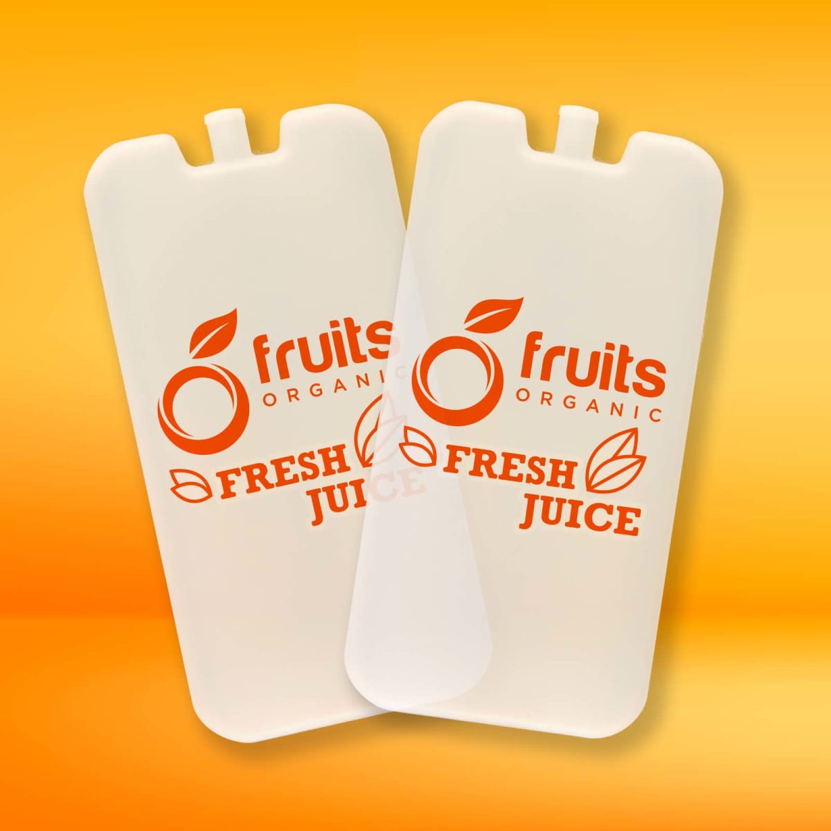 Two juice pouch designs with fruits organic and fresh juice text, on an orange gradient background.