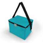 Turquoise insulated cooler bag with black strap and zipper closure.