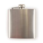 A stainless steel hip flask with a screw-on cap against a light background.