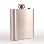 A stainless steel hip flask with a closed screw cap, set against a plain white background.