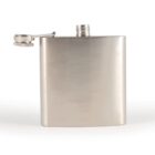 Stainless steel hip flask with an open, hinged top against a plain white background.