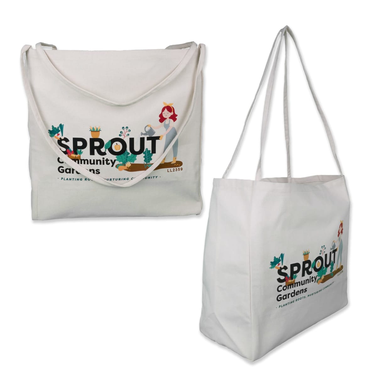 White tote bag with Sprout Community Gardens logo and garden illustrations in two views.
