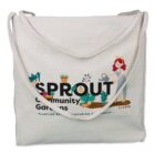 Canvas tote bag with SPROUT Community Gardens and an illustration of a person watering plants.