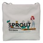 White tote bag with SPROUT Community Gardens logo featuring a person watering plants.