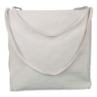 Beige canvas shoulder bag with a long strap, lying flat.