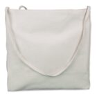 A plain white canvas tote bag with a strap, laid flat.